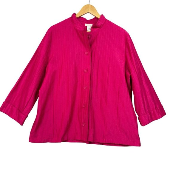 Chico's Button Up Pleated Shirt Blazer Sz 3 US 16 XL Pink Textured Satin Lined - Picture 1 of 5